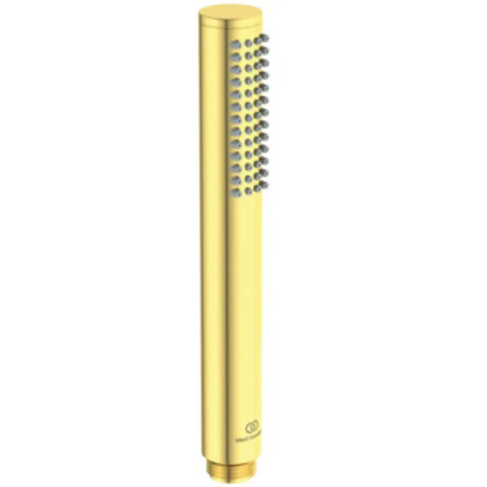 Stabhandbrause aus gebürstetem Gold von Ideal Standard mit Düsentechnologie für gleichmäßigen Wasserfluss. Helle, glatte Oberfläche und schmaler, langer Körper.